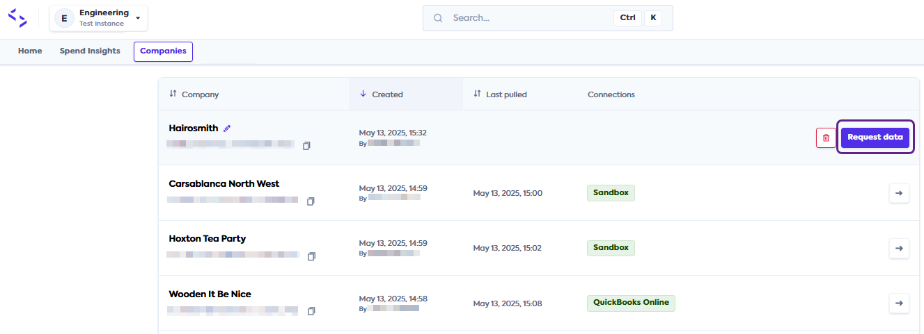 An image of the Companies tab with four companies listed as examples. A Request data button is highlighted next to a company entry called Hairosmith.